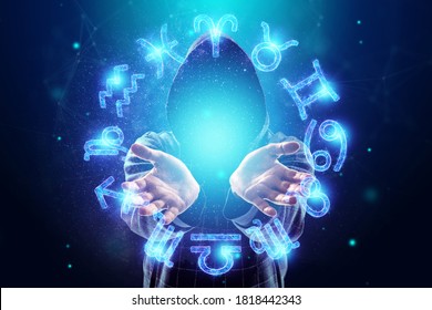 Sorcerer, magician and 12 signs of the zodiac, hologram neon horoscope signs on a blue background. with the concept of fate, predictions, fortune teller