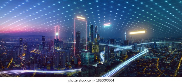 Smart city and abstract polygon pattern connection with speed line light, big data connection technology concept .