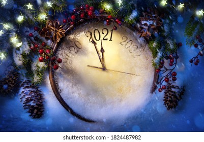 Happy New Year 2021 winter holiday greeting card design. Party poster, banner or invitation background with snow clocks and Christmas tree
