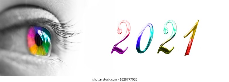 2021 en kleurrijk regenboogoog op panoramische witte achtergrond, 2021 nieuwjaarsgroeten