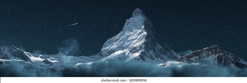 panoramisch uitzicht op de majestueuze berg Matterhorn 's nachts met vallende ster