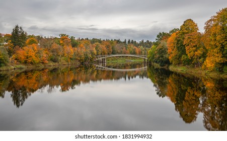 View of the river and the arched pedestrian bridge in autumn. The trees on the banks of the river have become colorful. Nature park in the city. Ogre, Latvia
