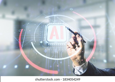 Doppelte Belichtung der Geschäftsmannhand mit Stift, der mit kreativem Abkürzungshologramm der künstlichen Intelligenz auf unscharfem Bürohintergrund arbeitet. Zukunftstechnologie und KI-Konzept