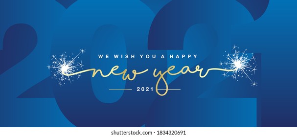 Wij wensen u een gelukkig nieuwjaar 2021 handgeschreven belettering tipografie lijn ontwerp sparkle vuurwerk goud wit blauw jaar 2021 achtergrond
