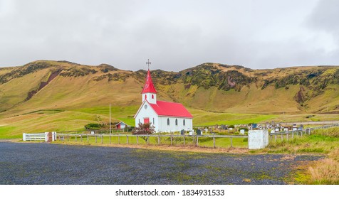 Rural Reynis Church (Reyniskirja) near the farm Reynir along the road to Reynis Beach Reynisfjara (Reynisfjara) near the village of Vik in southern Iceland