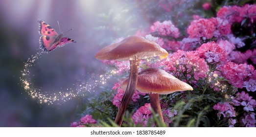 Fantasy Magical Mushrooms and Butterfly in enchanted Fairy Tale dreamy elf Forest with fabulous Fairytale blooming pink Rose Flower on mysterious Nature background and shiny glowing moon rays in night