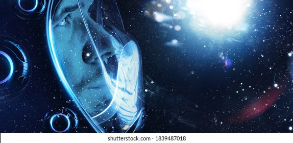 Futuristischer Astronaut in einem Raumanzug. Abstraktes Mannporträt. Digitale Kunst. Augmented Reality, Zukunftstechnologie, Spielkonzept.