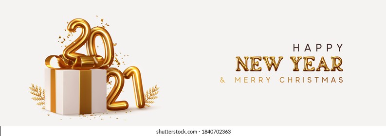 2021 Frohes Neues Jahr. Realistische Geschenkbox Goldene Metallnummer. 3D rendern Goldmetallic Zeichen und Textbuchstaben. Feiern Sie Party 2021. Weihnachtsplakat, Banner, Titelkarte, Broschüre, Flyer, Layout-Design