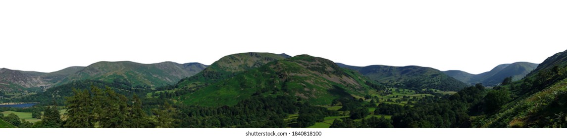 Groen berglandschap dat op witte achtergrond wordt geïsoleerd