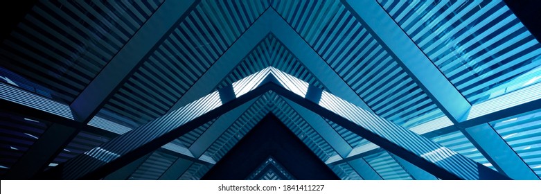 Foto kolase struktur kisi-kisi yang menyerupai atap bernada, gelagar logam, dan jendela langit-langit dengan kerai. Latar belakang arsitektur modern abstrak dengan pola geometris segitiga dan poligonal.