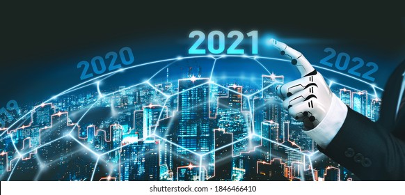 Năm mới 2021 AI và khái niệm mạng, Trí tuệ nhân tạo AI bàn tay robot với bộ đồ công sở trong nền đồ họa công nghệ và thành phố tương lai vào ban đêm