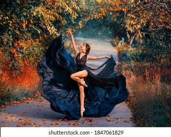 Grafik in hellen Farben. Schöne Mädchenballerina, die auf der Straße tanzt. Herbst Natur Hintergrund. Model posiert kreativ in Bewegung. Ein langes schwarzes Kleid fliegt im Wind. Fantasy-Tänzerin