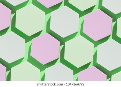 hexagon podiums with prominent shadow  on a lime green background flat display for your product