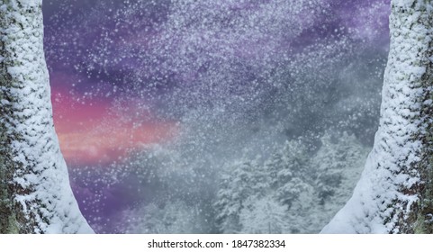 Winter snowfall landscape. Snowy forest, dramatic clouds. Fairy tale background framed by two trees.