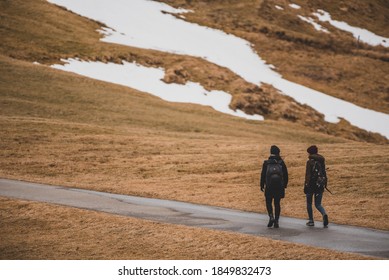 two women hiking in the beautiful swiss mountains - Kronberg Appenzell Switzerland Europe
