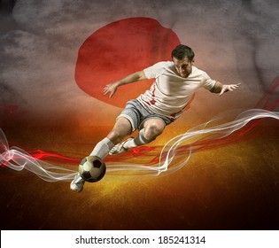 Ondas abstratas em torno de um jogador de futebol na bandeira nacional do Japão.