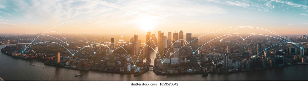 Distrito financiero de Londres, vista del paisaje urbano de Londres, grandes conexiones de red de datos