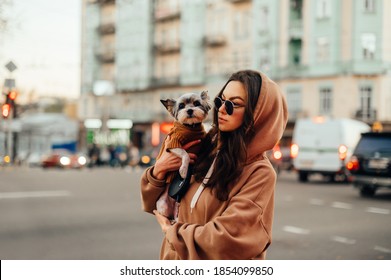 Retrato de una mujer hermosa con ropa elegante con un perro en los brazos caminando por la ciudad con una cara seria y abrazando a una mascota.