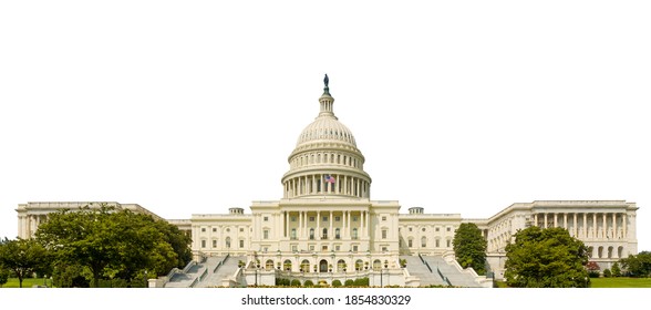 Gedung Capitol Amerika Serikat, atau Gedung Capitol (Washington, AS) diisolasi dengan latar belakang putih.