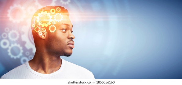 Collage of serious black guy with gears in his head thinking and looking at empty space over blue background. African American man pondering over innovative idea, searching for inspiration