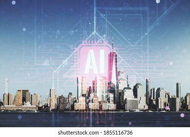 Holograma de símbolo de inteligencia artificial creativa en el fondo del paisaje urbano de Nueva York. Exposición doble
