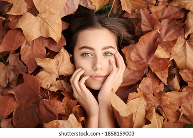 mooi meisje met groene ogen liggend tussen de herfst gevallen bladeren. poseren. herfst park