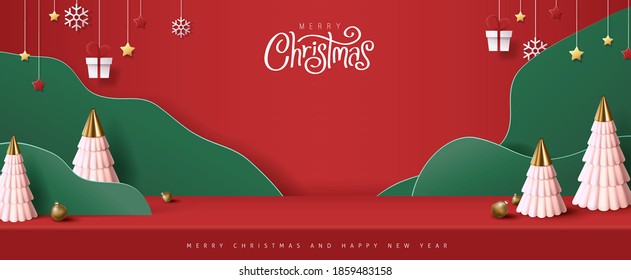 Merry Christmas banner studio table room product display with copy space 