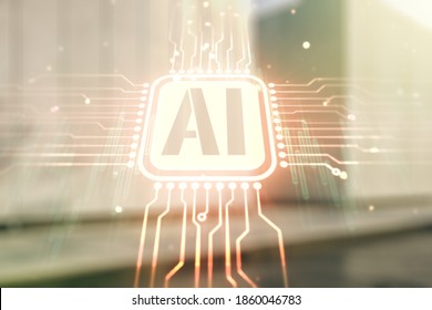 Holograma de símbolo de inteligencia artificial virtual abstracto en el fondo borroso del edificio de oficinas moderno. Multiexposición