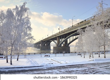 Paseo marítimo de Michael en invierno. Puente Oktyabrsky sobre el río Ob, abedules en la nieve, cubiertos de escarcha