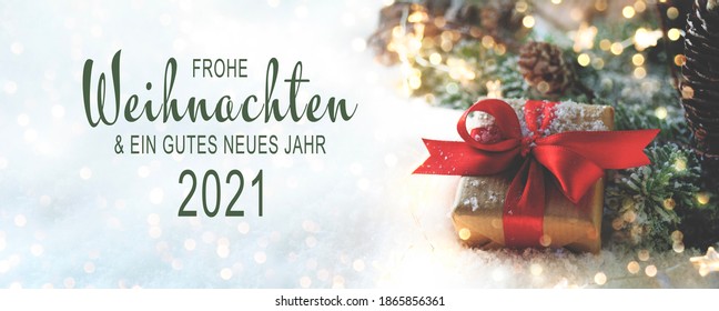 ドイツ語のテキスト付きクリスマス新年グリーティング カード 2021 - Frohe Weihnachten und ein Gutes neues Jahr 2021 - 赤い弓のクリスマス プレゼント