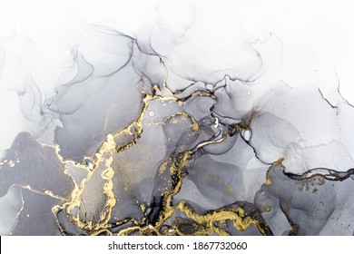 Primer plano de textura abstracta de tinta de alcohol dorado gris y brillante, papel pintado de moda. Arte para proyecto de diseño como fondo para tarjetas de invitación o de felicitación, folleto, afiche, presentación, papel de regalo