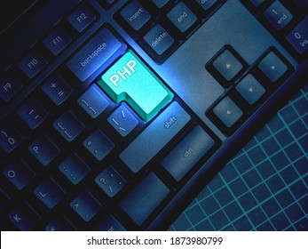 Writing code with PHP. PHP programming concept. Programming with Hypertext Preprocessor. PHP logo on the keyboard. Creating web projects in Hypertext Preprocessor language. Website development