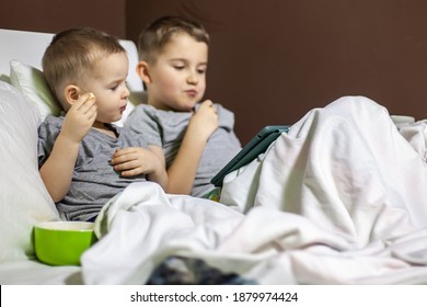 Twee kleine jongens met bruin haar liggen in een groot bed. Lach, kijk naar tekenfilms op de telefoon en tablet. Speel de gadget. Grijs beddengoed. Kinderen zijn blank.
