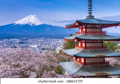 Red Pagoda with Mt Fuji on the background 