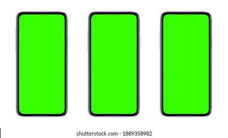 Mobile phone with round edges in Black color, with green screen for Infographic Global Business web site design app. Concept technology Smartphone.