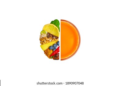 Sirtfood-Diät-Konzept. Ein halbes Glas Karottensaft und eine halbe Glasform gefüllt mit Diätprodukten. Spinat, Zitrone, Kaffee, Sellerie, Nüsse, Apfel, Kurkuma, Heidelbeeren, Paprika. Ansicht von oben.