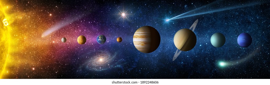 Sonne, Planeten des Sonnensystems und Planet Erde, Galaxien, Sterne, Kometen, Asteroiden, Meteoriten, Nebel. Weltraumpanorama des Universums. Elemente dieses Bildes, bereitgestellt von der NASA