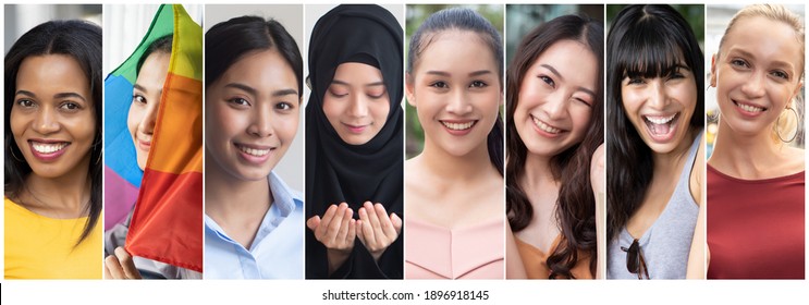 Collage van diverse en inclusieve vrouwen van over de hele wereld, concept van internationale vrouwendag of IWD, wereldvrouwen met diversiteit en inclusiviteit, etniciteit en religie tolerantie, vrouwenrecht