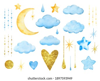 Watercolor hand drawn set of illustrations for baby boy shower isolated on white background.