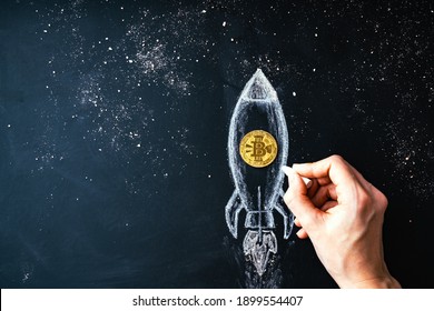 Bitcoin ロゴ ロケット ランチャー、暗号通貨の概念。デザイナー向け金貨の伸び率と速報。月へのビットコイン クラシック ロケット イラスト。