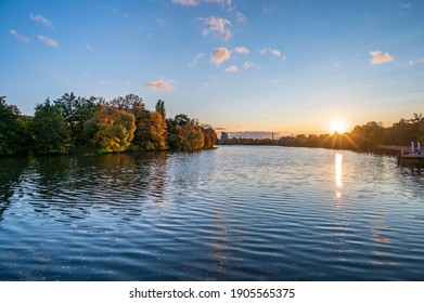 The lake Woehrder See in Nuremberg during sunset in autumn