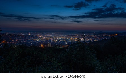Stuttgart night skyline aerial view.