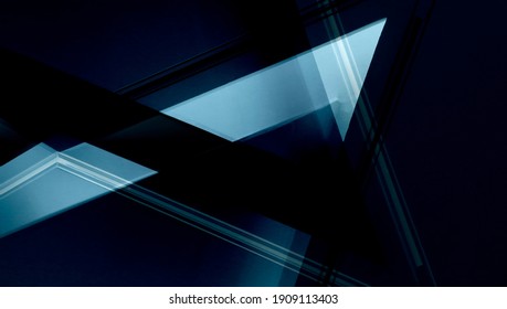 Foto me ekspozim të dyfishtë të sipërfaqeve arkitekturore abstrakte. Muret, tavani. Fragment i brendshëm futuristik në ngjyrë blu. Struktura e sfondit gjeometrik poliedrik ose trekëndor me shumë aspekte.