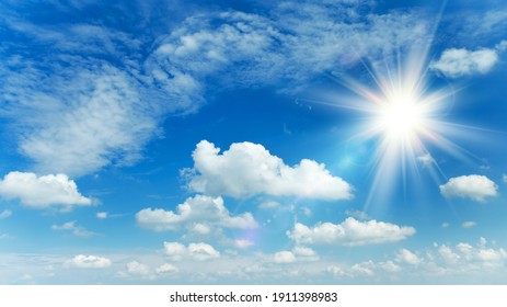 Fondo soleado, cielo azul con nubes blancas y sol