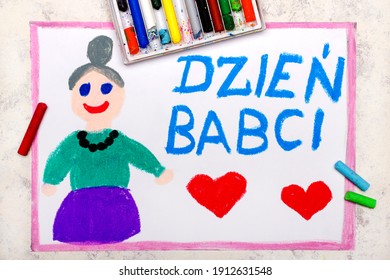 Kleurrijke tekening: Poolse grootmoederdagkaart met gelukkige oma