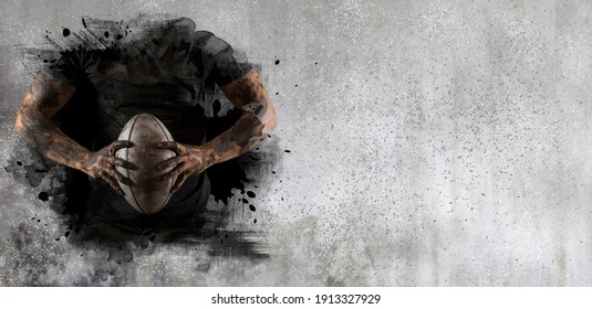 Rugby player in action on wall background. Sports banner. Horizontal copy space background