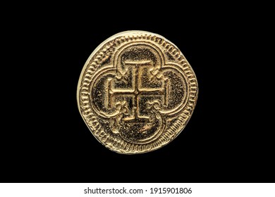Gold Escudos replica coin of Philip II (Felipe II) of Spain Cross In Quatrefoil Reverse side cut out and isolated on a white background stock photo Image