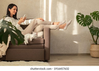 女の子は椅子で休んで、お茶を飲み、本を読み、電話で買い物をしています。ソファで買い物。インテリアはミニマリストです。白い子猫が椅子に横たわっています。
