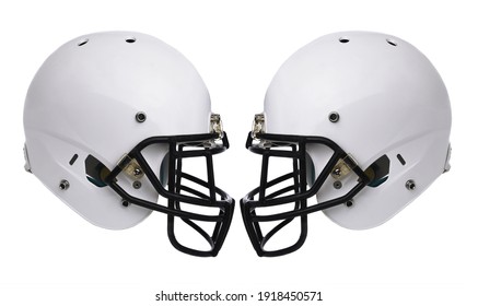 Football Helmets: Two white football helmet isolated on white without any markings or logos.