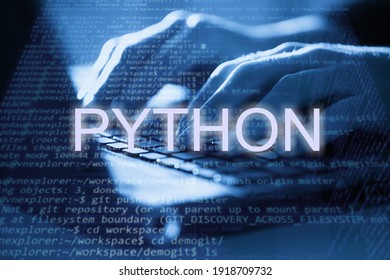 Python inscription text against laptop and code background. Learn python programming language